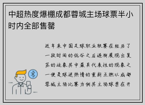 中超热度爆棚成都蓉城主场球票半小时内全部售罄 中超热度爆棚成都蓉城主场球票半小时内全部售罄